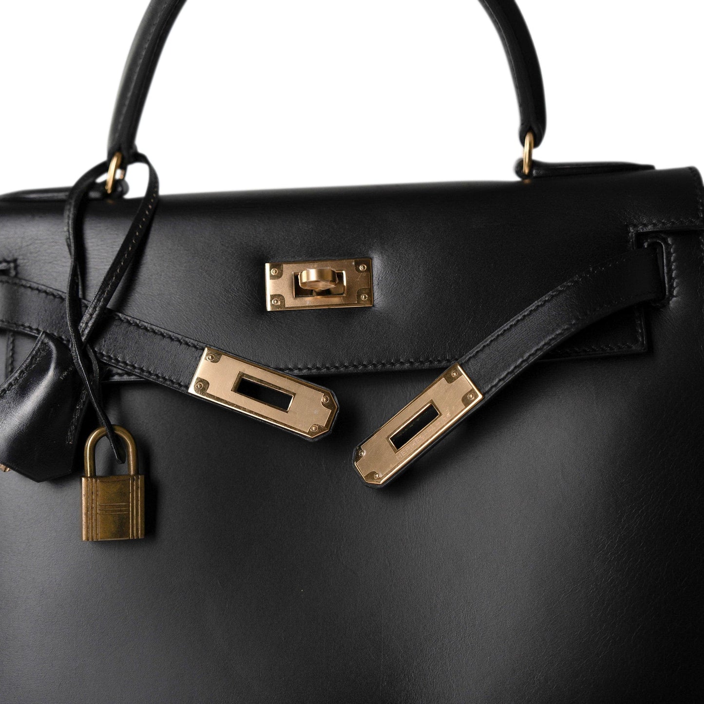 Vintage Kelly Sellier 28 Black Box Calfskin Gold Plated R Circle Stamp