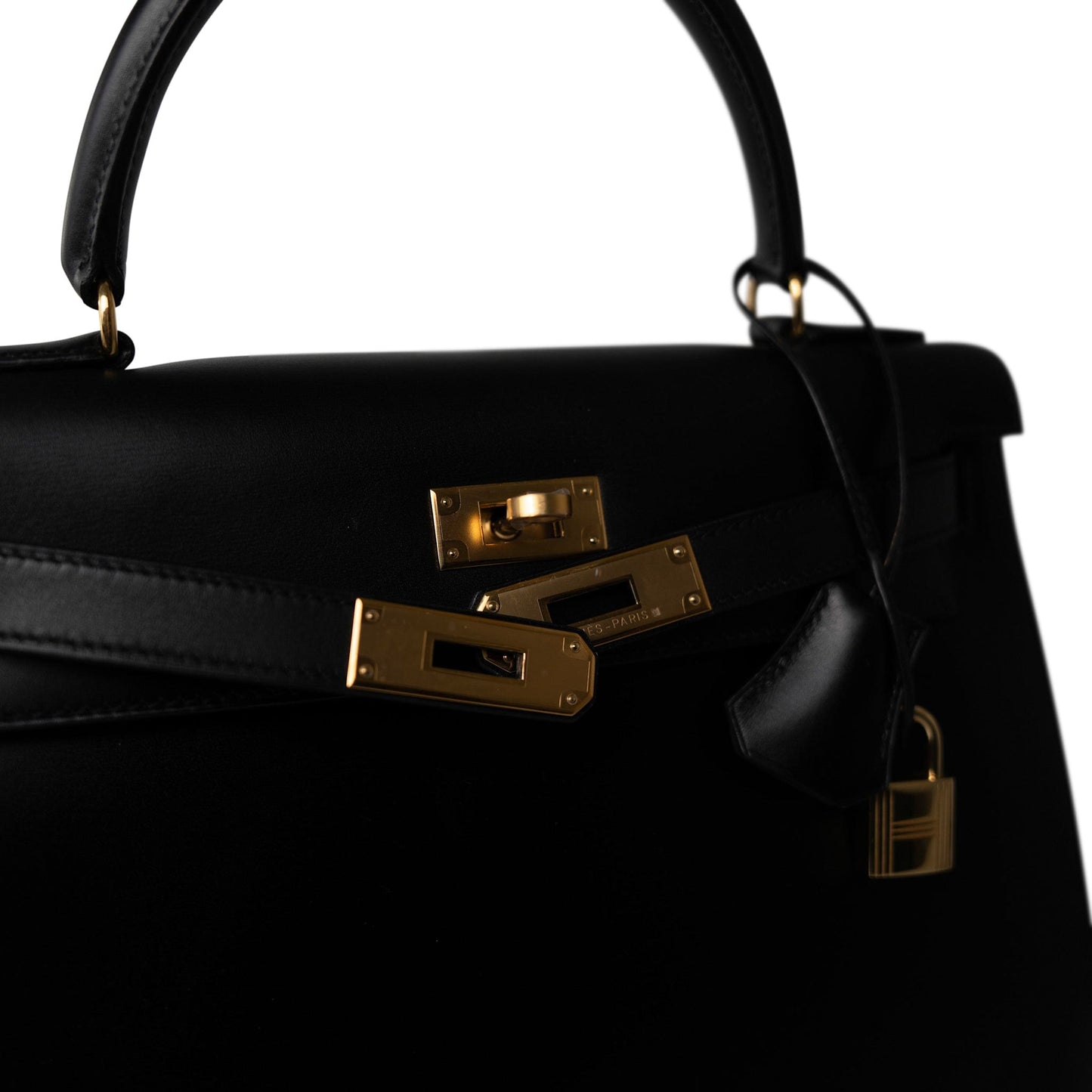 Vintage Kelly Sellier 28 Black Box Calfskin Gold Plated Y Circle Stamp