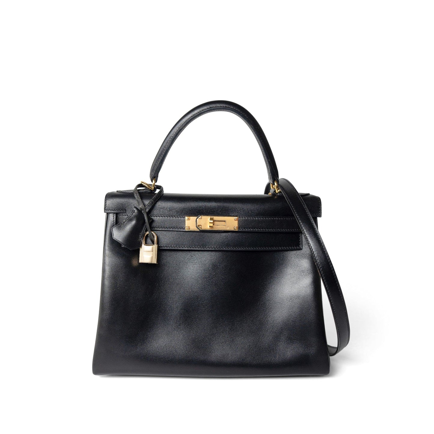 Vintage Kelly 28 Retourne Black Box Calfksin Gold Plated F Square Stamp