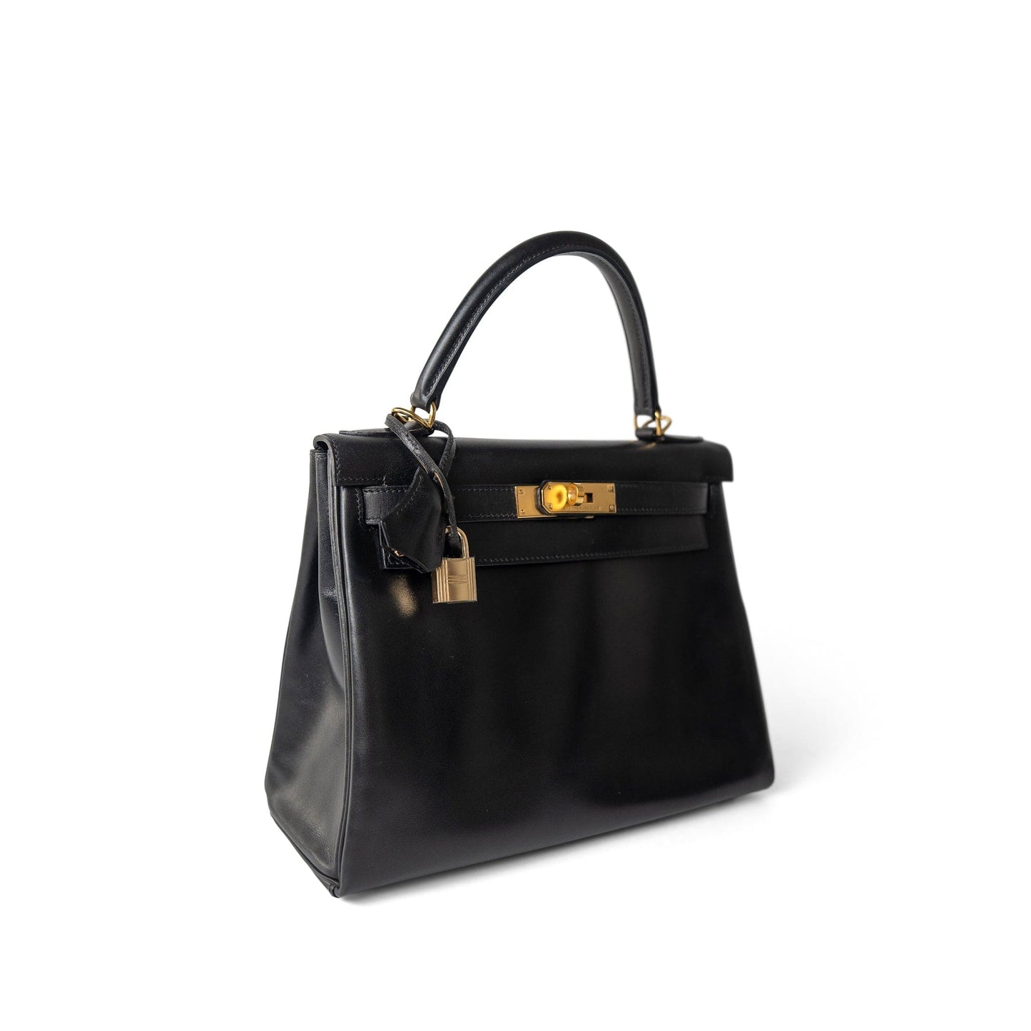 Vintage Kelly 28 Retourne Black Box Calfksin Gold Plated F Square Stamp