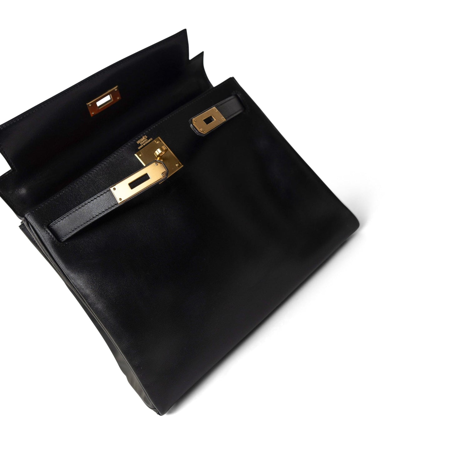 Vintage Kelly 28 Retourne Black Box Calfksin Gold Plated F Square Stamp