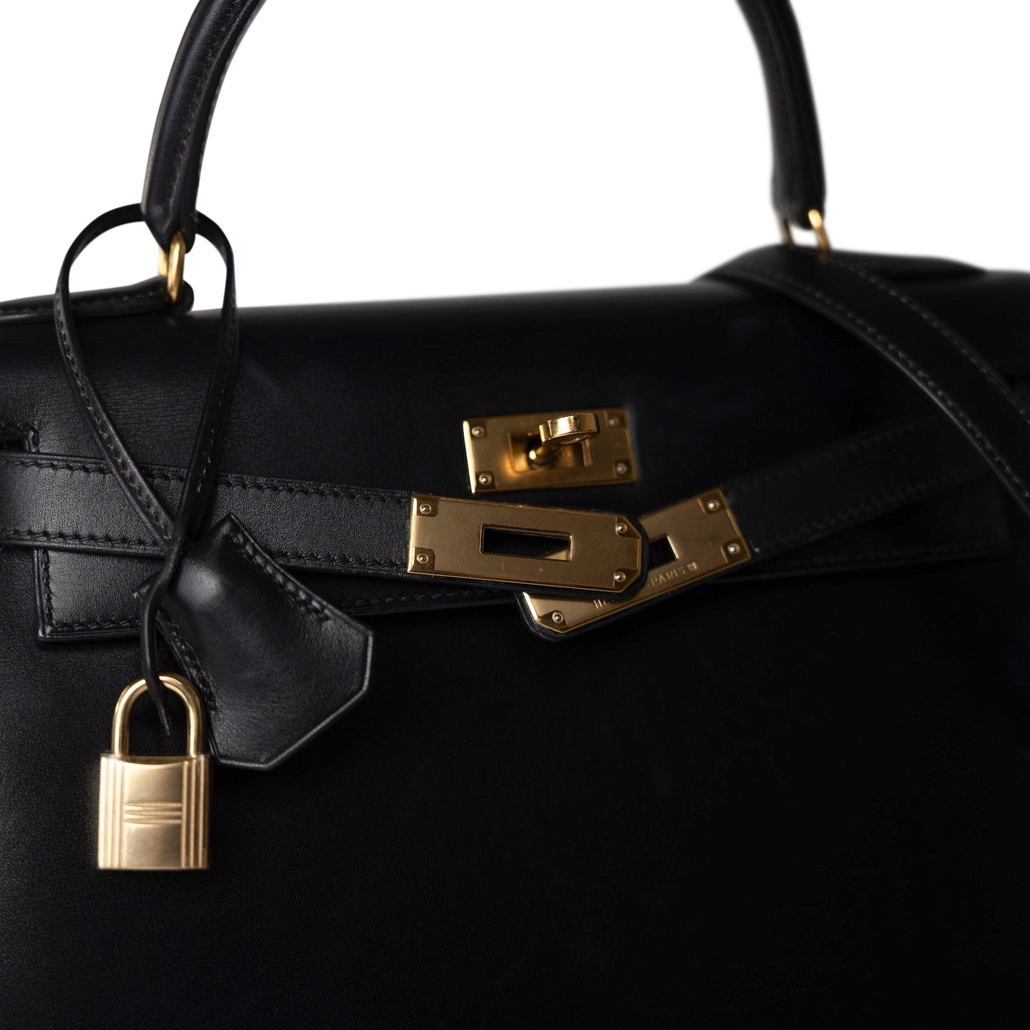 Vintage Kelly 28 Retourne Black Box Calfksin Gold Plated F Square Stamp