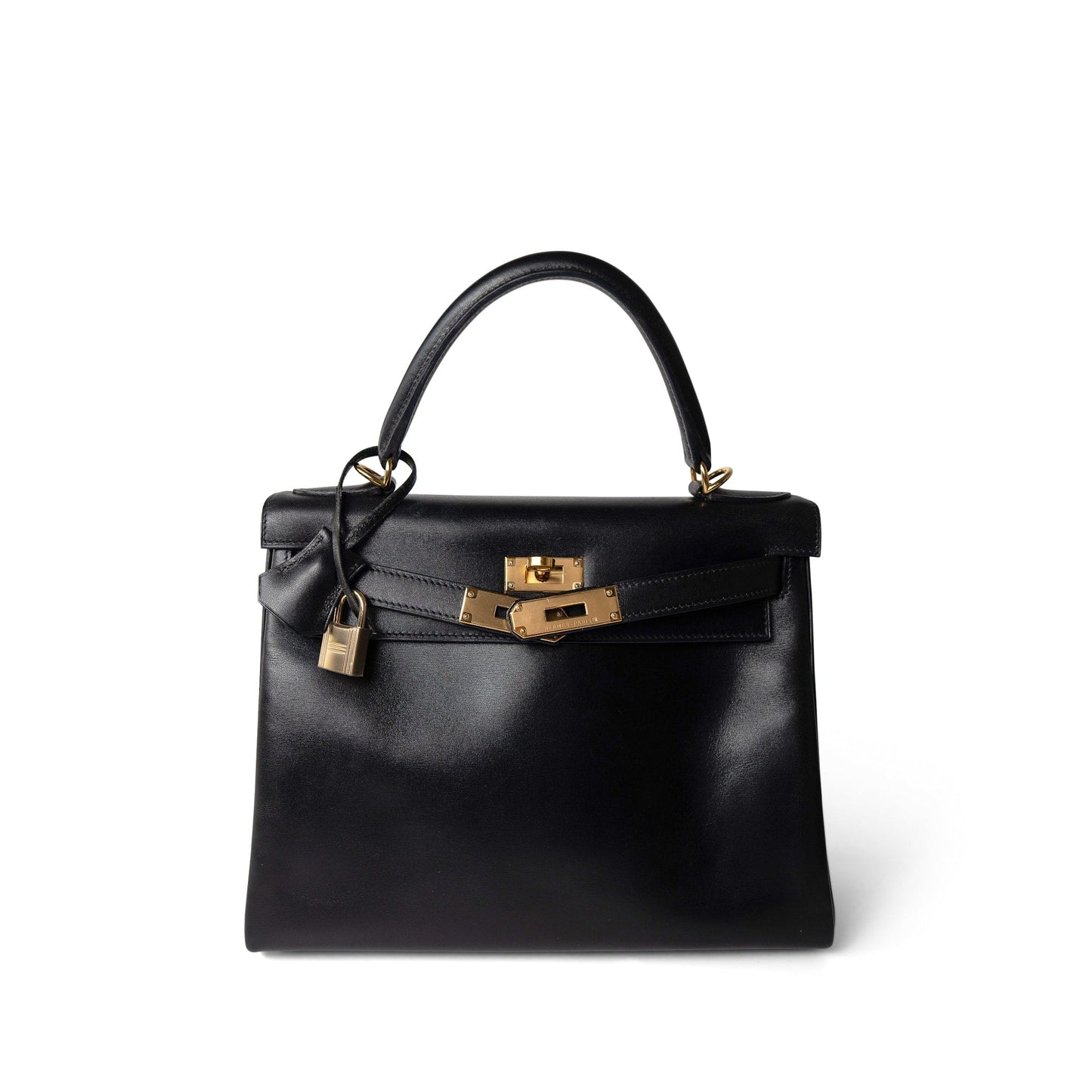 Vintage Kelly 28 Retourne Black Box Calfksin Gold Plated F Square Stamp