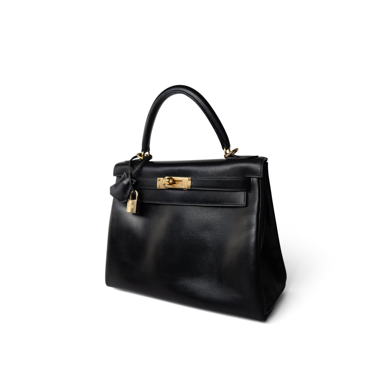 Vintage Kelly 28 Retourne Black Box Calfksin Gold Plated F Square Stamp