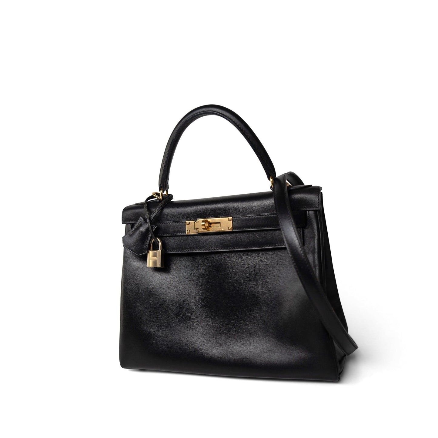 Vintage Kelly 28 Retourne Black Box Calfksin Gold Plated F Square Stamp