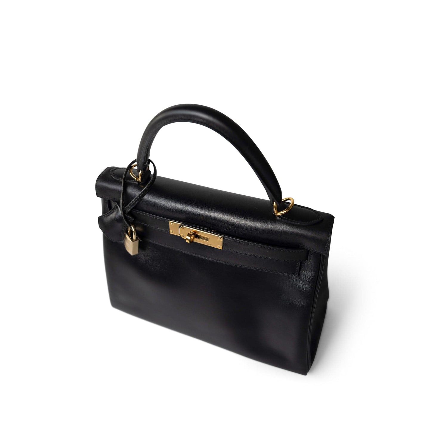 Vintage Kelly 28 Retourne Black Box Calfksin Gold Plated F Square Stamp