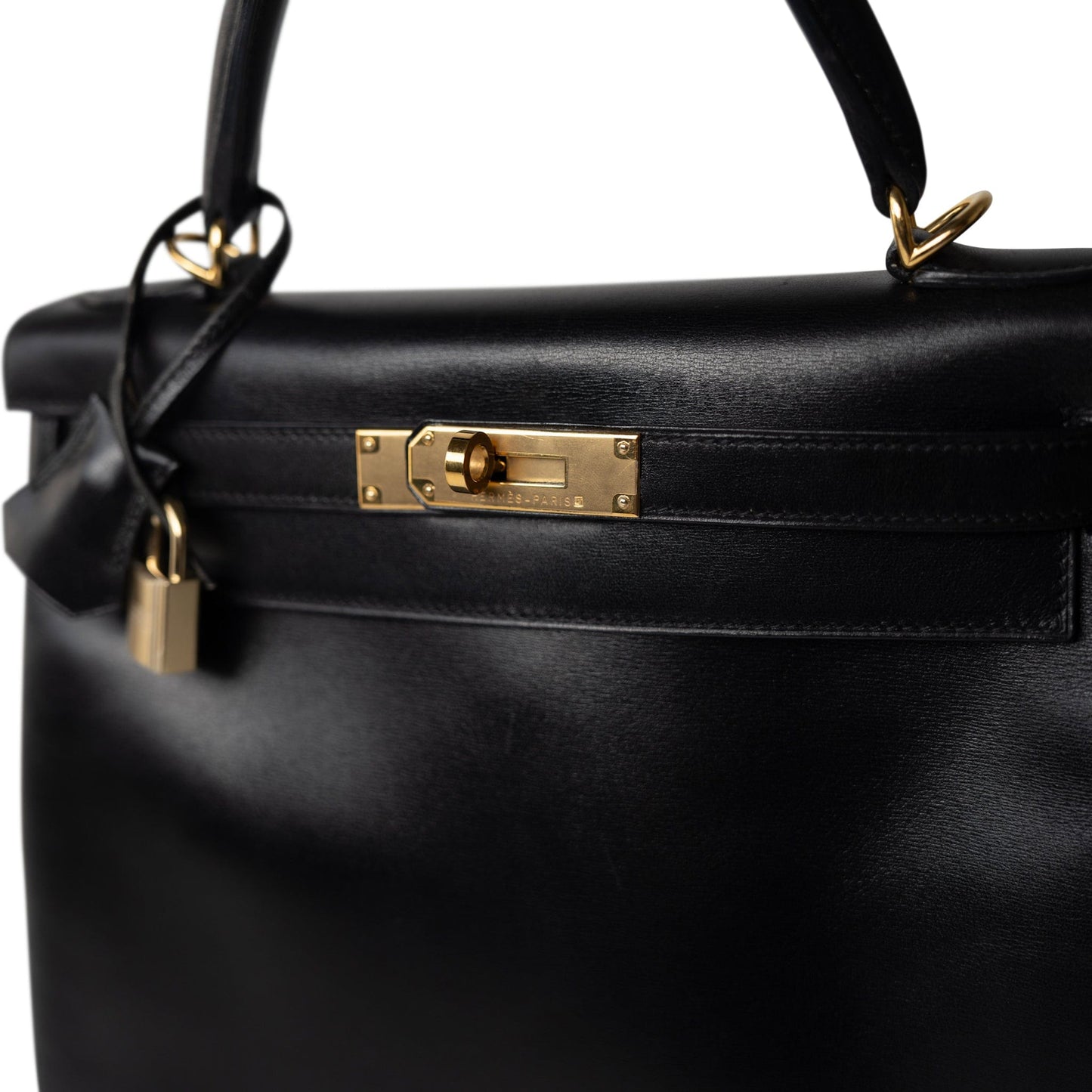 Vintage Kelly 28 Retourne Black Box Calfksin Gold Plated F Square Stamp