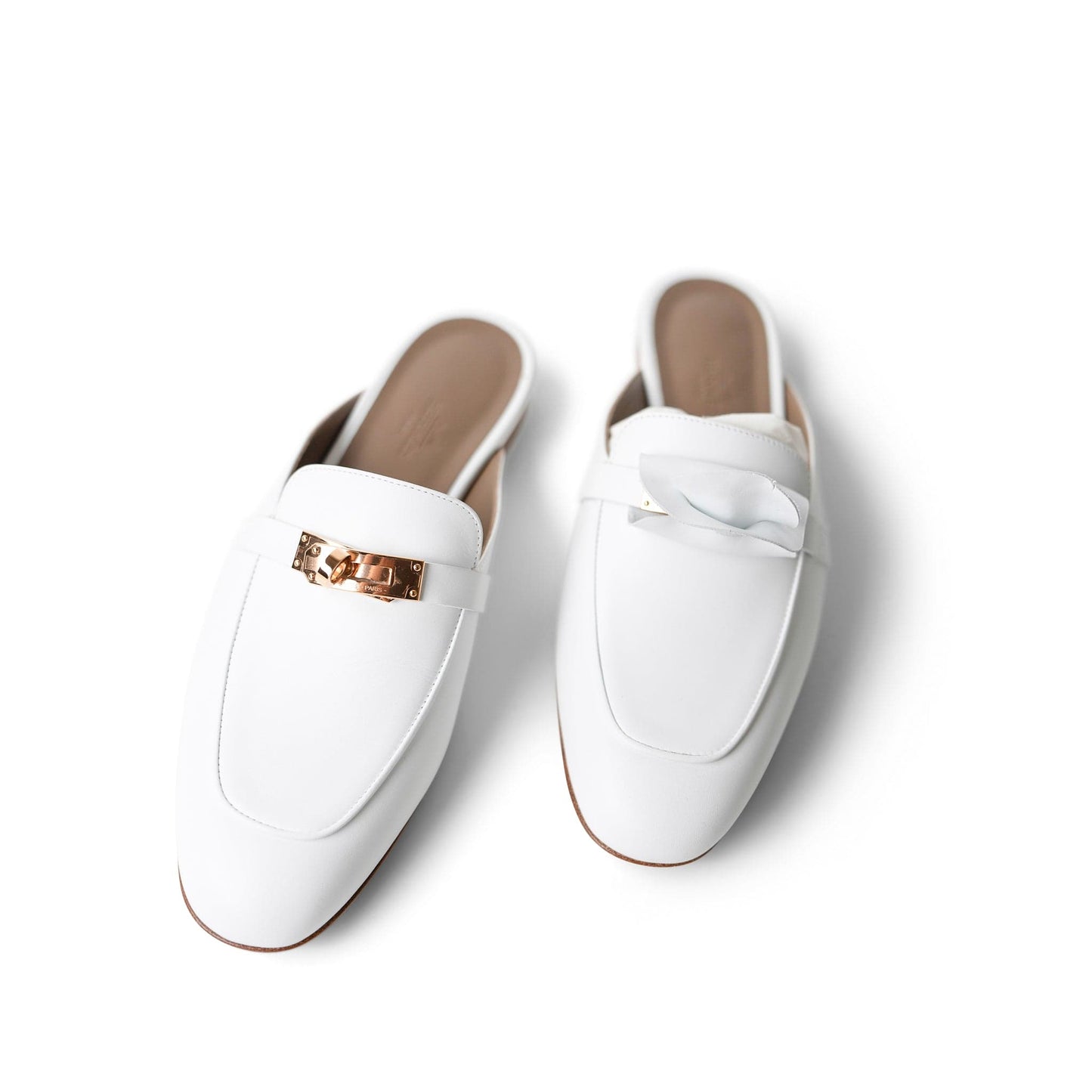 White Oz Mule Sandals w/ Rose Gold Kelly Buckle (38 EU / 7.5 US)
